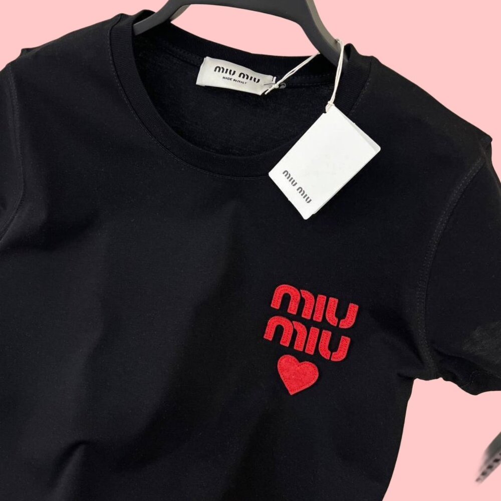 Miu Miu Women Cotton T-Shirt Crewneck Black Nwt